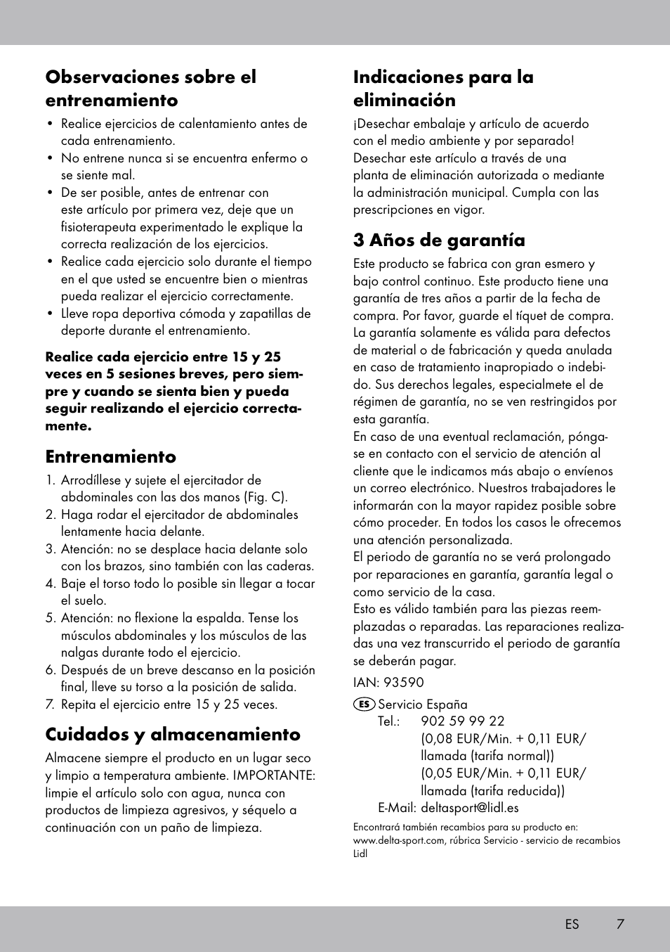 Indicaciones para la eliminación, 3 años de garantía, Observaciones sobre el entrenamiento | Entrenamiento, Cuidados y almacenamiento | Crivit DF-1756 Bauchtrainer User Manual | Page 7 / 16