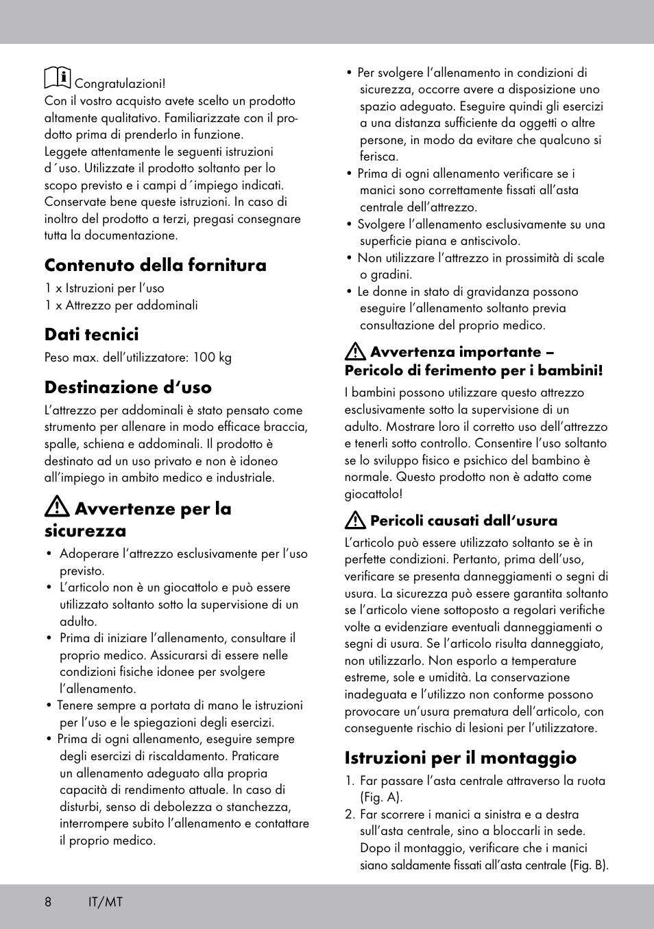 Istruzioni per il montaggio, Contenuto della fornitura, Dati tecnici | Destinazione d‘uso, Avvertenze per la sicurezza | Crivit DF-1756 Bauchtrainer User Manual | Page 8 / 16