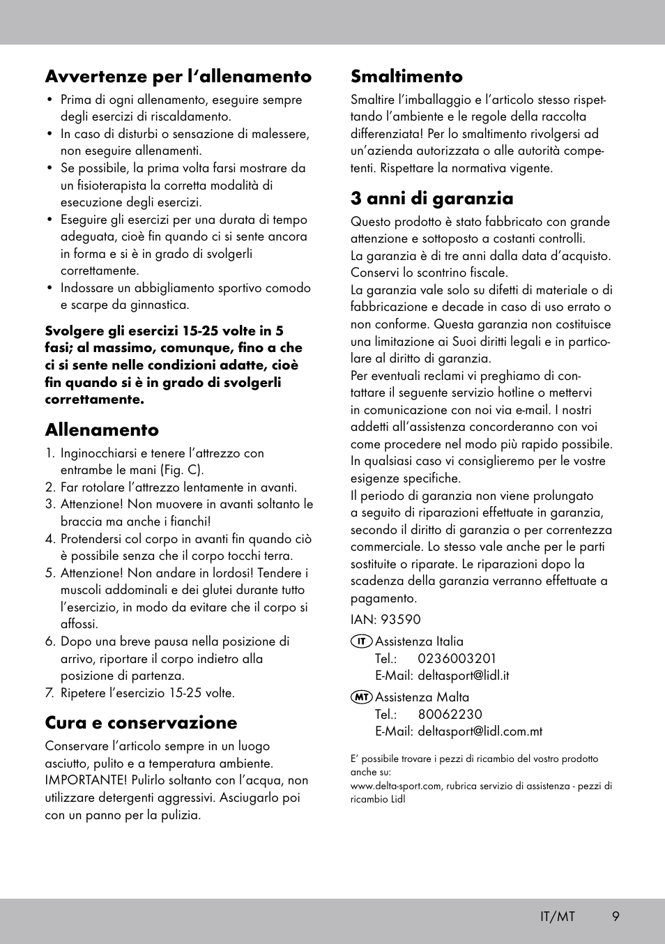 Smaltimento, 3 anni di garanzia, Avvertenze per l‘allenamento | Allenamento, Cura e conservazione | Crivit DF-1756 Bauchtrainer User Manual | Page 9 / 16