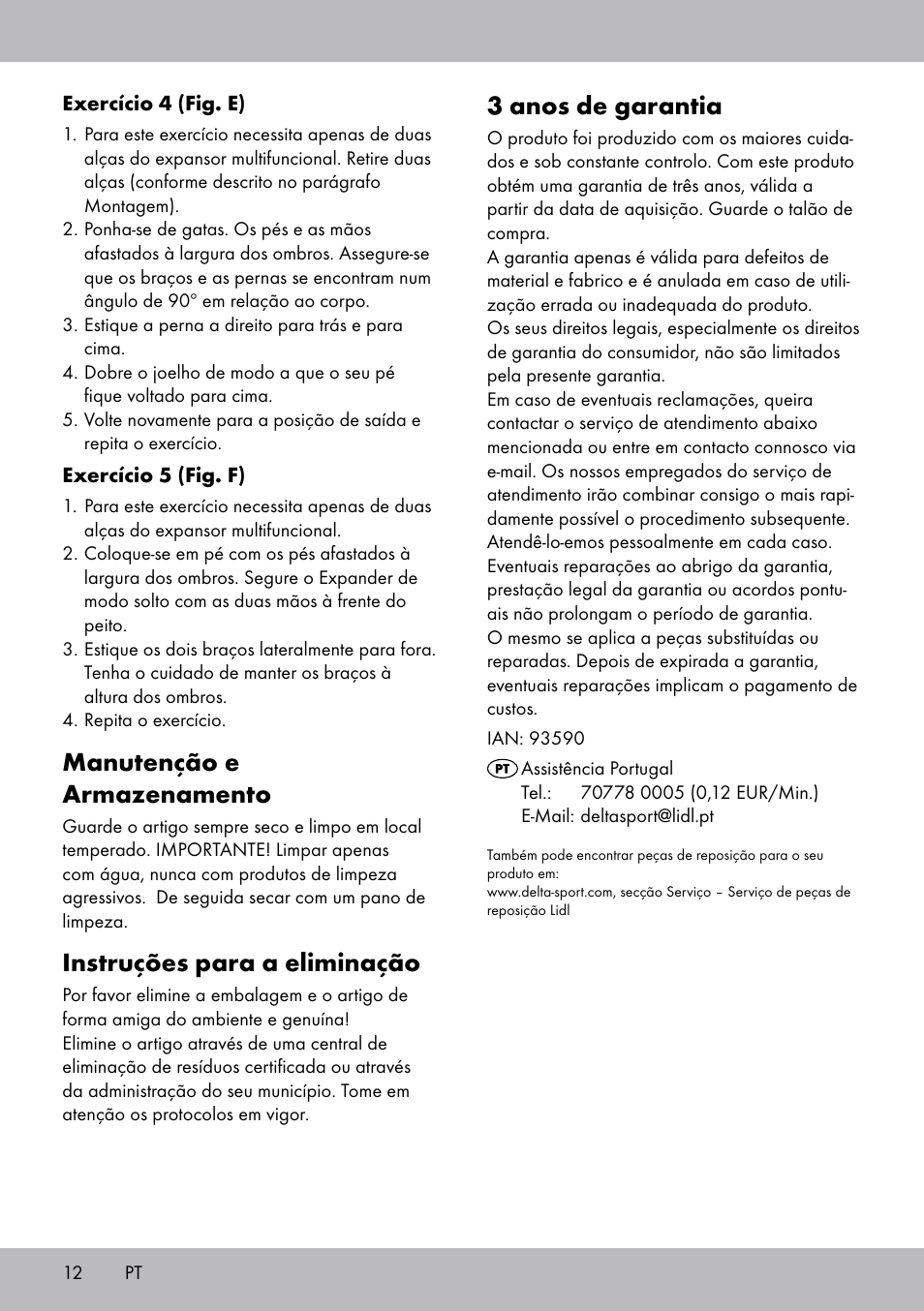3 anos de garantia, Manutenção e armazenamento, Instruções para a eliminação | Crivit DF-1757 Multiexpander User Manual | Page 12 / 20