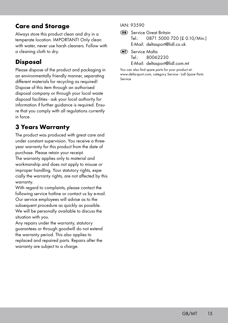 Care and storage, Disposal, 3 years warranty | Crivit DF-1757 Multiexpander User Manual | Page 15 / 20