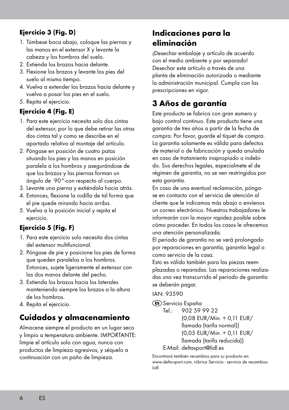 Indicaciones para la eliminación, 3 años de garantía, Cuidados y almacenamiento | Crivit DF-1757 Multiexpander User Manual | Page 6 / 20