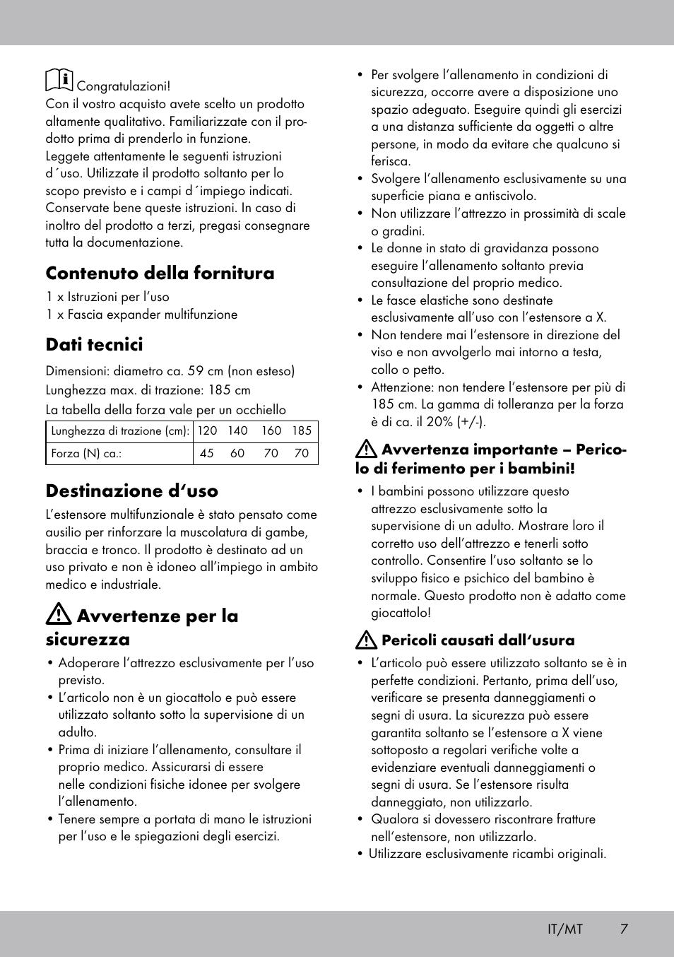 Contenuto della fornitura, Dati tecnici, Destinazione d‘uso | Avvertenze per la sicurezza | Crivit DF-1757 Multiexpander User Manual | Page 7 / 20