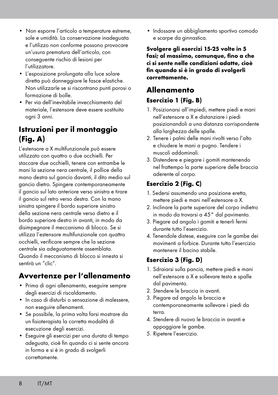 Istruzioni per il montaggio (fig. a), Avvertenze per l‘allenamento, Allenamento | Crivit DF-1757 Multiexpander User Manual | Page 8 / 20