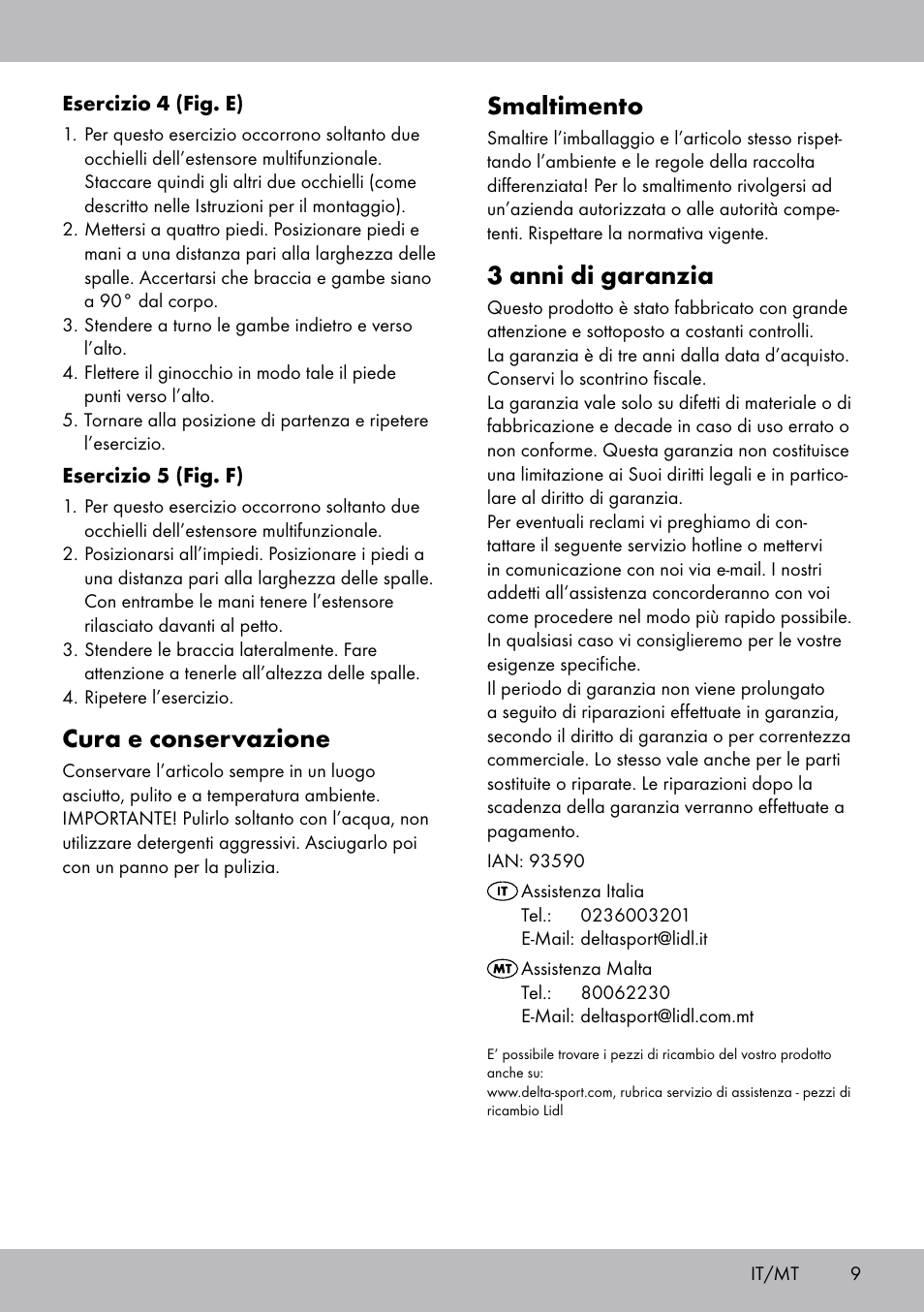 Smaltimento, 3 anni di garanzia, Cura e conservazione | Crivit DF-1757 Multiexpander User Manual | Page 9 / 20