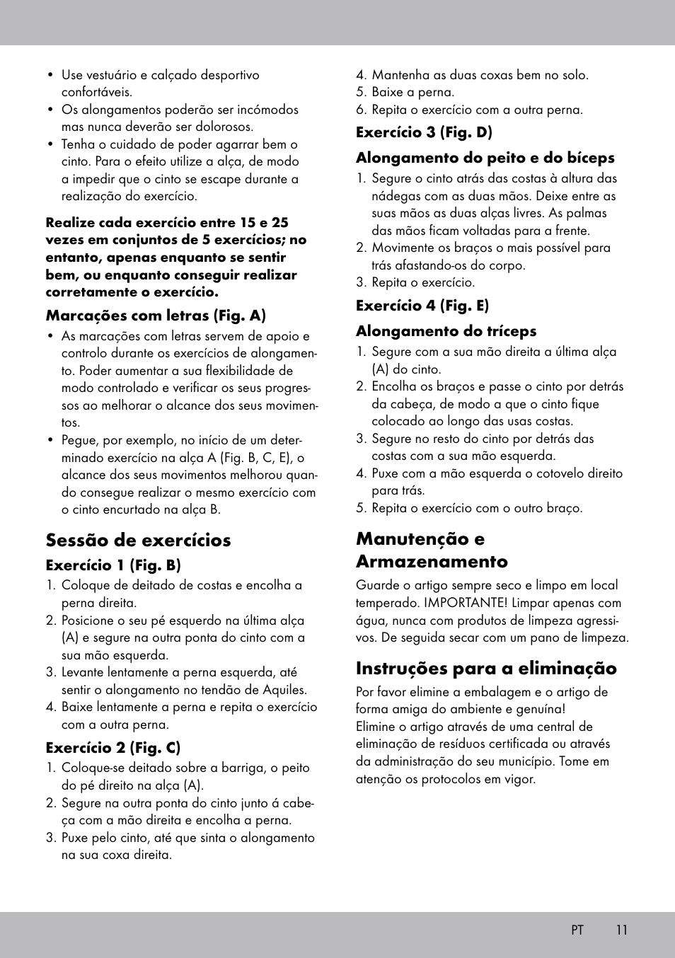 Manutenção e armazenamento, Instruções para a eliminação, Sessão de exercícios | Crivit DF-1758 Stretchband User Manual | Page 11 / 20