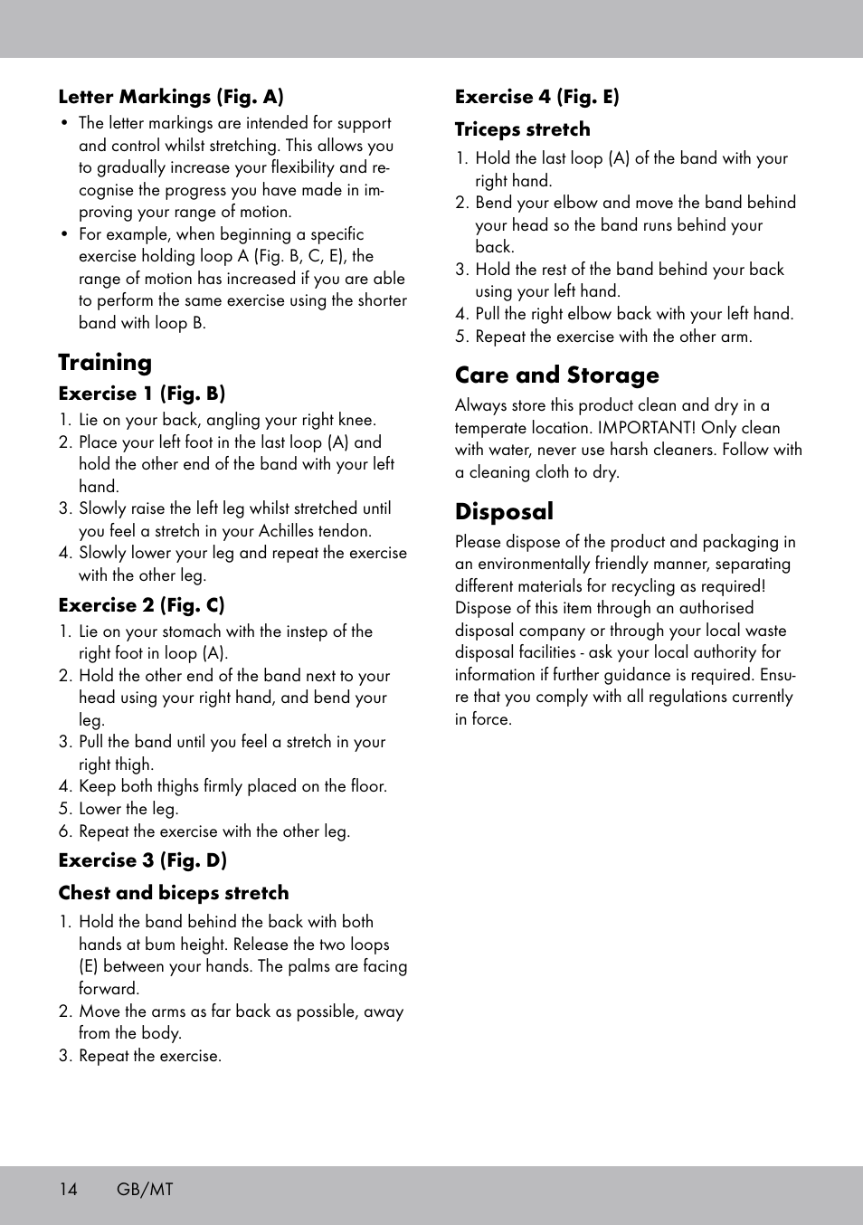 Care and storage, Disposal, Training | Crivit DF-1758 Stretchband User Manual | Page 14 / 20