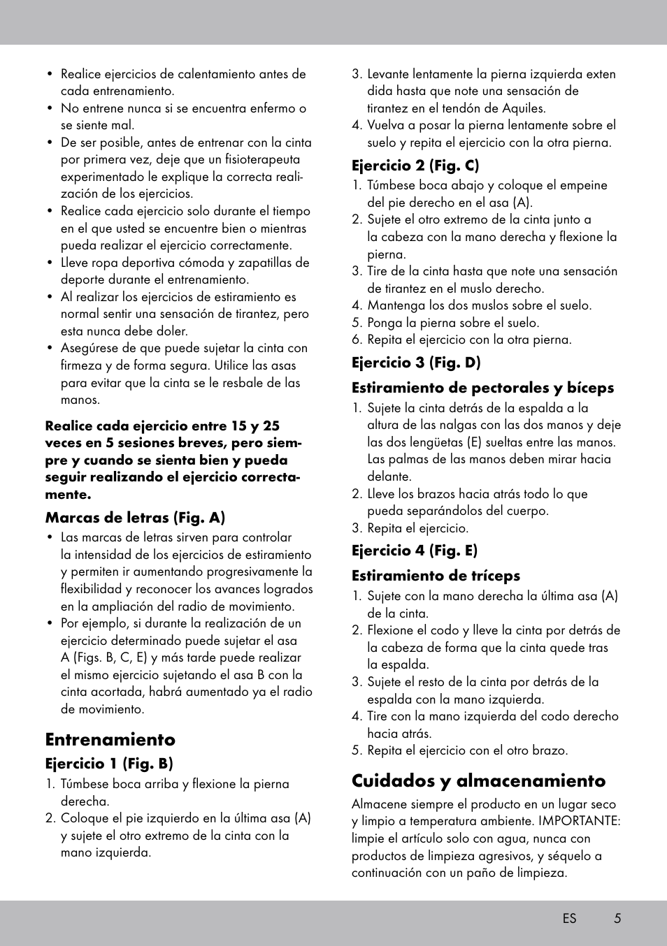 Cuidados y almacenamiento, Entrenamiento | Crivit DF-1758 Stretchband User Manual | Page 5 / 20