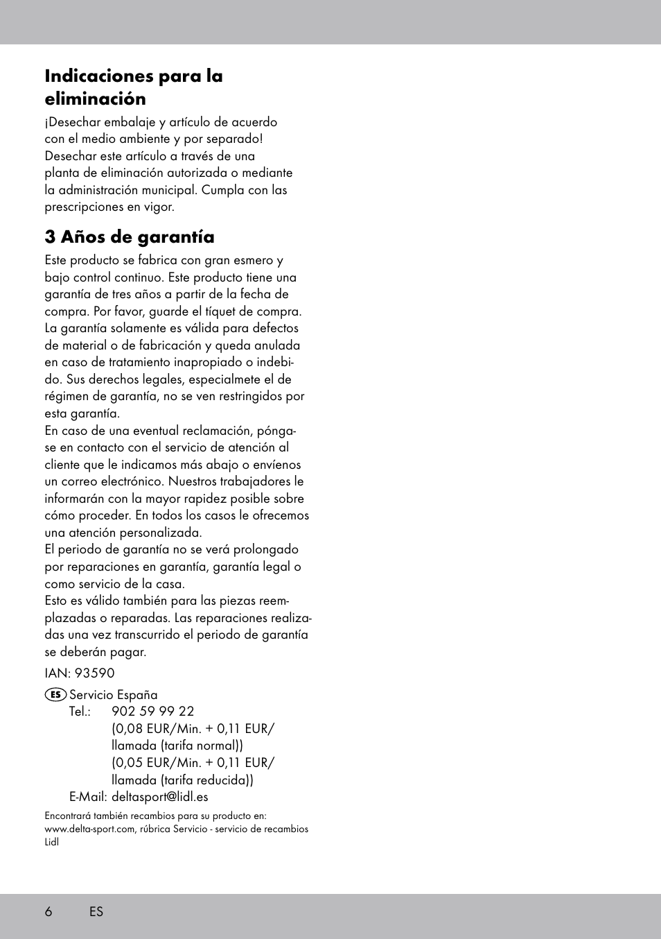 Indicaciones para la eliminación, 3 años de garantía | Crivit DF-1758 Stretchband User Manual | Page 6 / 20