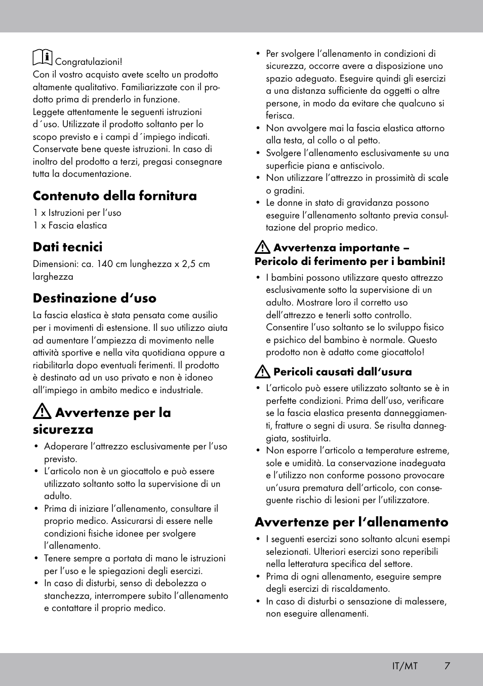 Contenuto della fornitura, Dati tecnici, Destinazione d‘uso | Avvertenze per la sicurezza, Avvertenze per l‘allenamento | Crivit DF-1758 Stretchband User Manual | Page 7 / 20