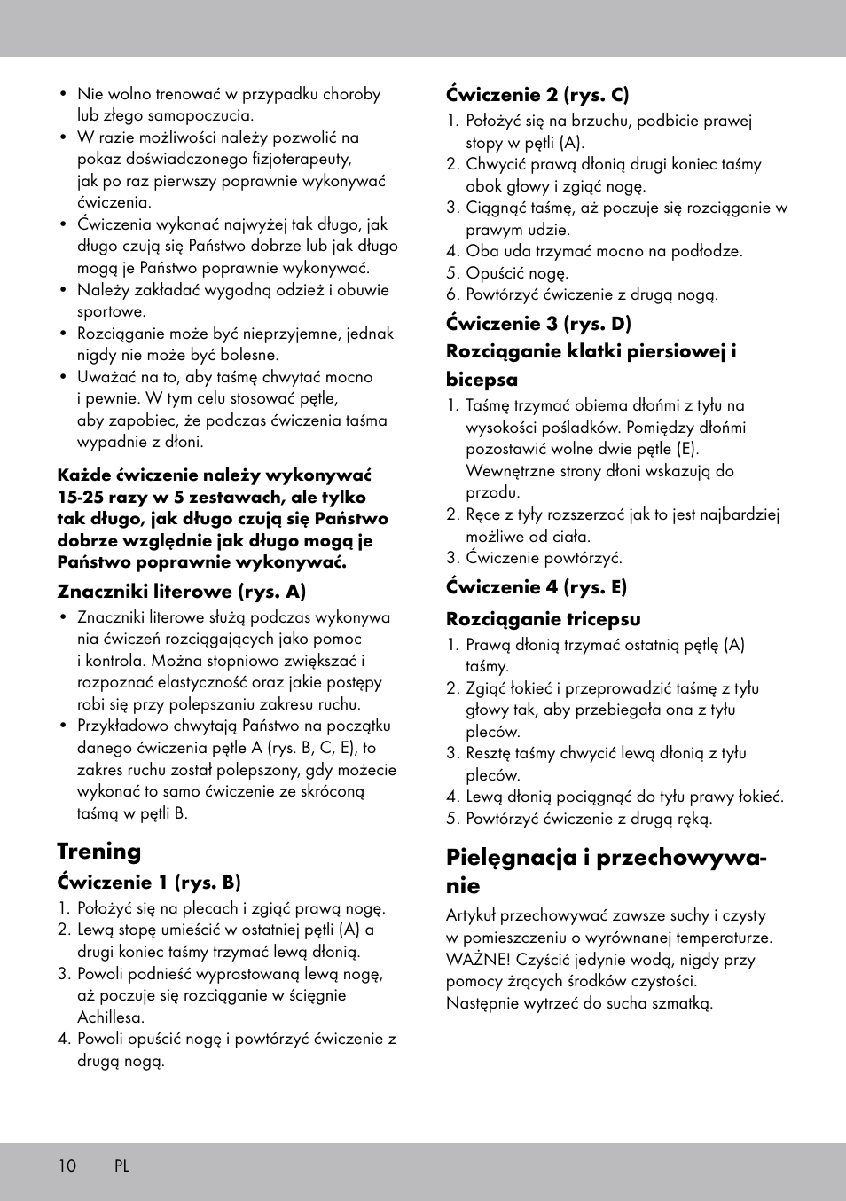 Pielęgnacja i przechowywa- nie, Trening | Crivit DF-1758 Stretchband User Manual | Page 10 / 28