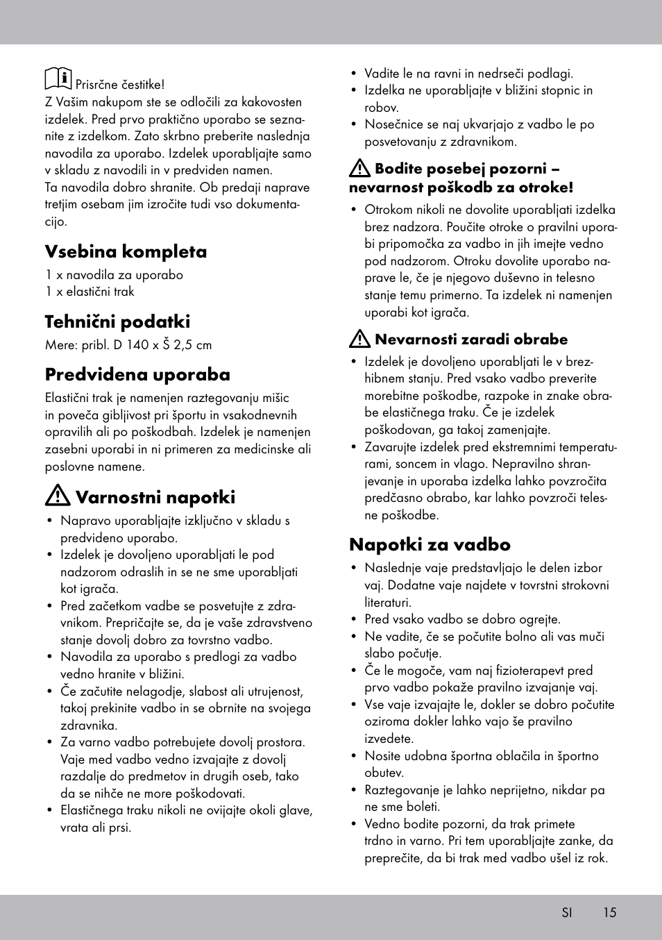 Vsebina kompleta, Tehnični podatki, Predvidena uporaba | Varnostni napotki, Napotki za vadbo | Crivit DF-1758 Stretchband User Manual | Page 15 / 28