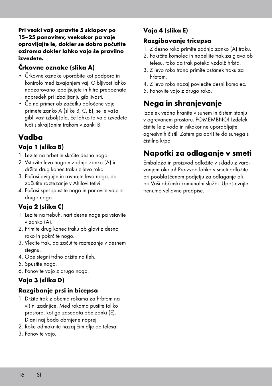 Nega in shranjevanje, Napotki za odlaganje v smeti, Vadba | Crivit DF-1758 Stretchband User Manual | Page 16 / 28