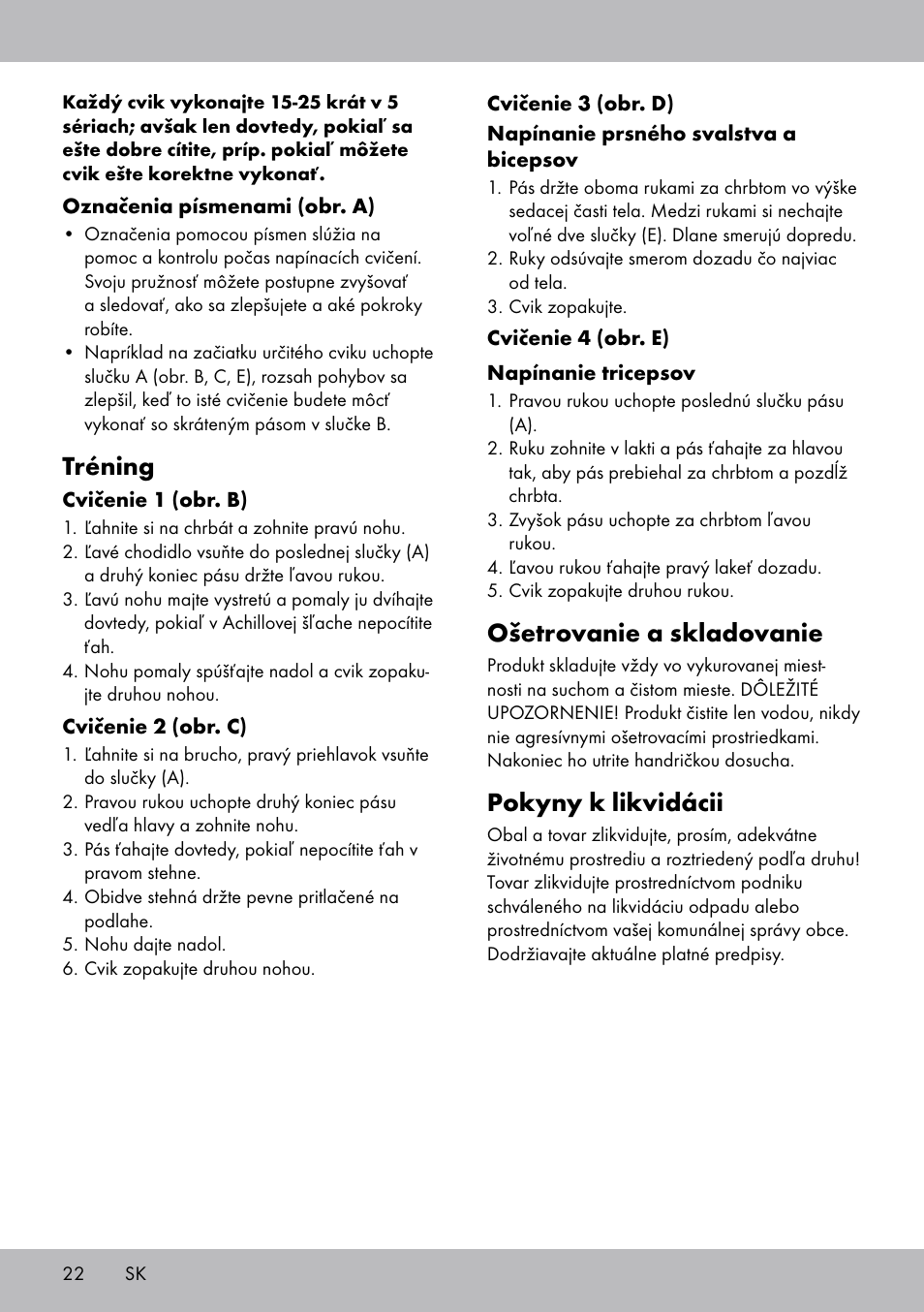 Ošetrovanie a skladovanie, Pokyny k likvidácii, Tréning | Crivit DF-1758 Stretchband User Manual | Page 22 / 28