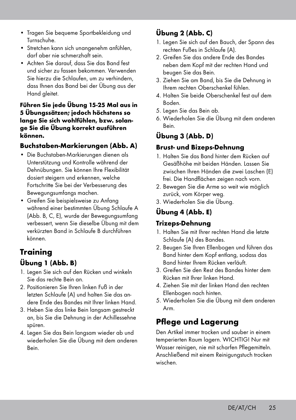 Pflege und lagerung, Training | Crivit DF-1758 Stretchband User Manual | Page 25 / 28