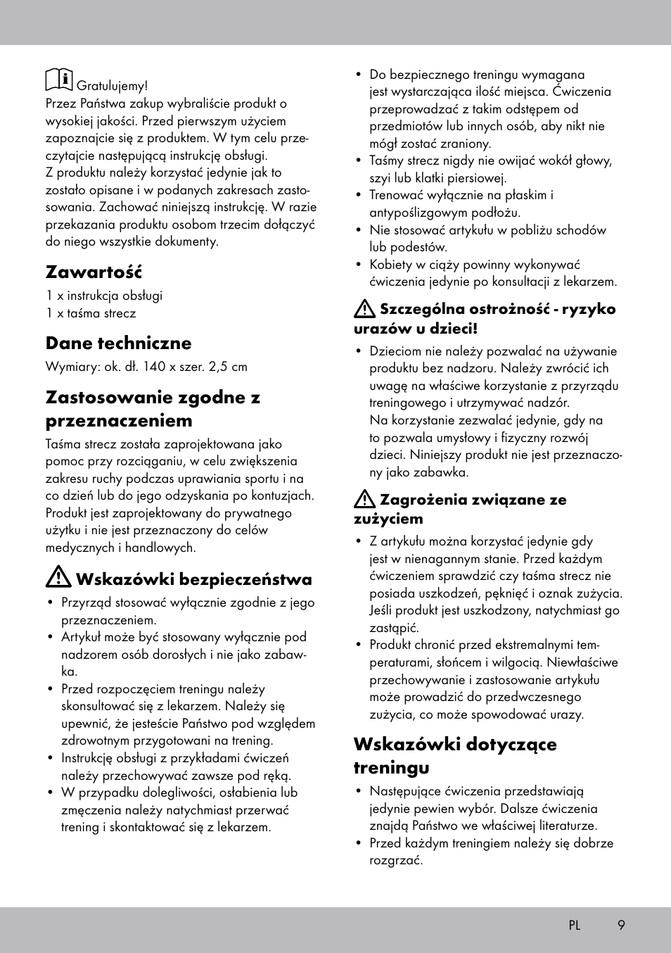 Zawartość, Dane techniczne, Zastosowanie zgodne z przeznaczeniem | Wskazówki dotyczące treningu | Crivit DF-1758 Stretchband User Manual | Page 9 / 28