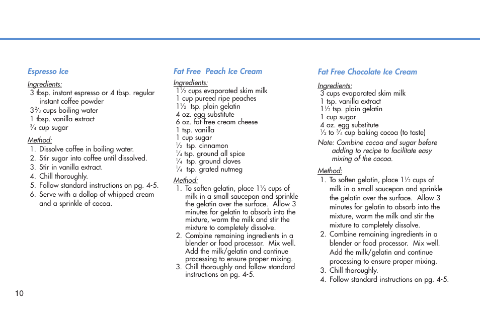 10 fat free peach ice cream, Fat free chocolate ice cream, Espresso ice | Deni Compressor Ice Cream Maker 5300 User Manual | Page 11 / 18