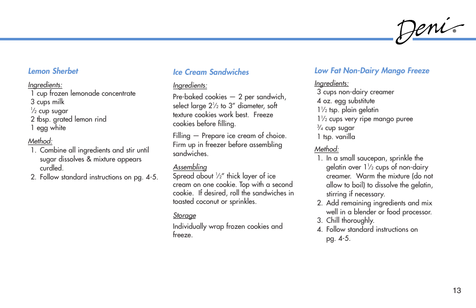 Lemon sherbet, Ice cream sandwiches, Low fat non-dairy mango freeze | Deni Compressor Ice Cream Maker 5300 User Manual | Page 14 / 18