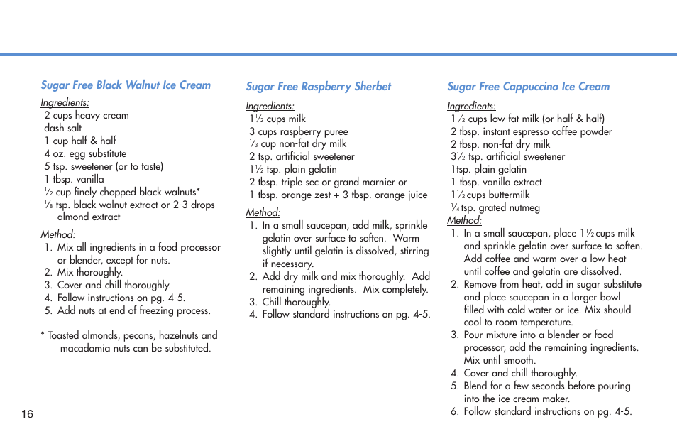 16 sugar free raspberry sherbet, Sugar free cappuccino ice cream, Sugar free black walnut ice cream | Deni Compressor Ice Cream Maker 5300 User Manual | Page 17 / 18