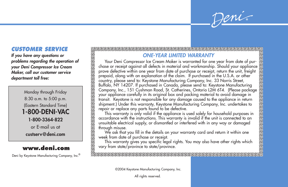 800-deni-vac, Customer service | Deni Compressor Ice Cream Maker 5300 User Manual | Page 18 / 18