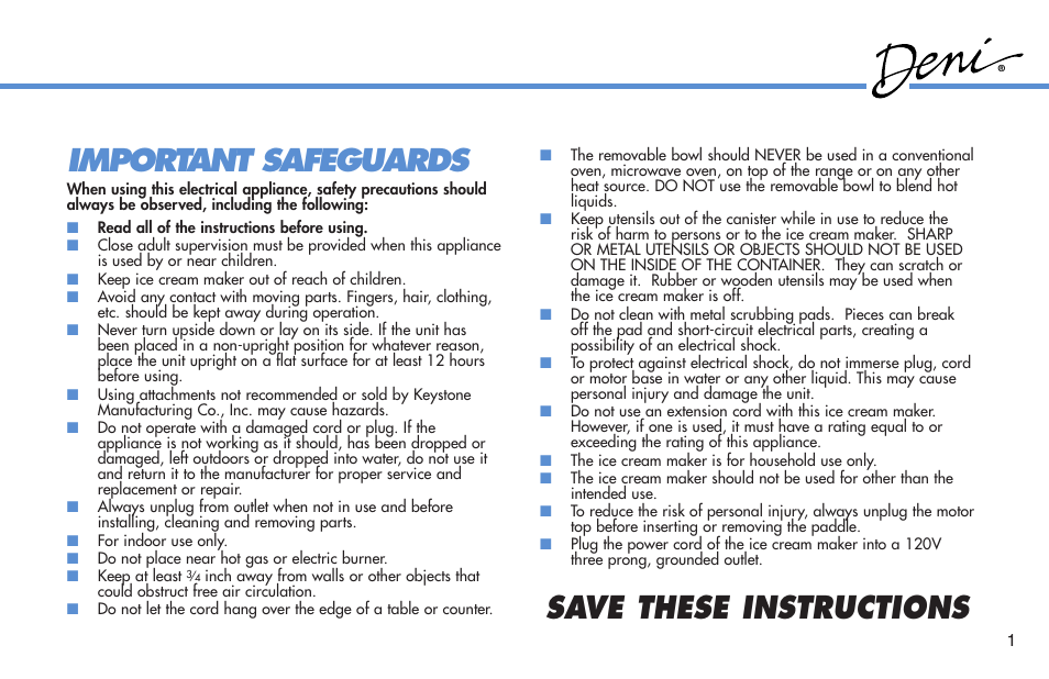 Save these instructions important safeguards | Deni Compressor Ice Cream Maker 5300 User Manual | Page 2 / 18