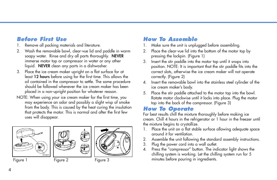 Before first use, How to assemble, How to operate | Deni Compressor Ice Cream Maker 5300 User Manual | Page 5 / 18