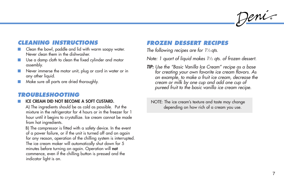 Frozen dessert recipes, Cleaning instructions, Troubleshooting | Deni Compressor Ice Cream Maker 5300 User Manual | Page 8 / 18