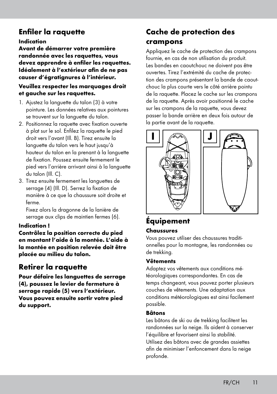 Enfiler la raquette, Retirer la raquette, Cache de protection des crampons | Équipement | Crivit SN-1531 User Manual | Page 11 / 28