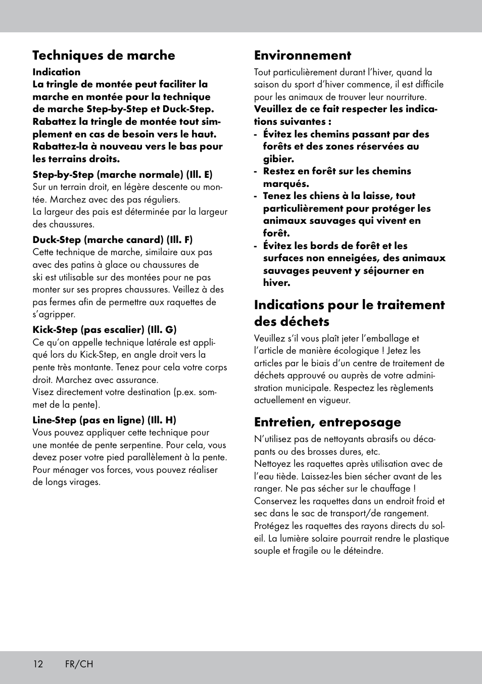 Environnement, Indications pour le traitement des déchets, Entretien, entreposage | Techniques de marche | Crivit SN-1531 User Manual | Page 12 / 28