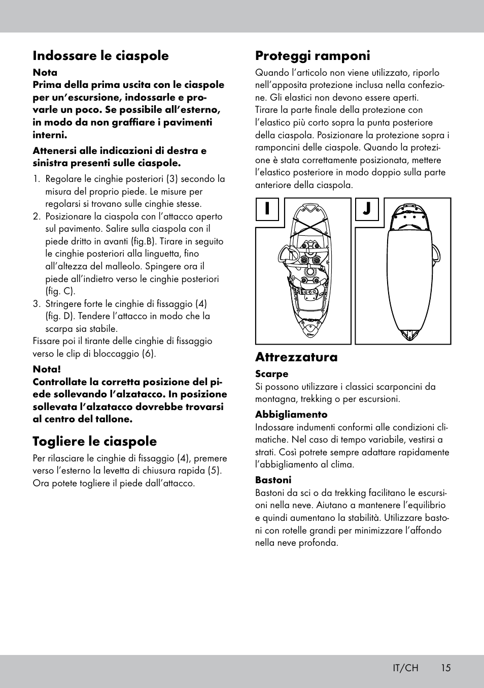 Indossare le ciaspole, Togliere le ciaspole, Proteggi ramponi | Attrezzatura | Crivit SN-1531 User Manual | Page 15 / 28