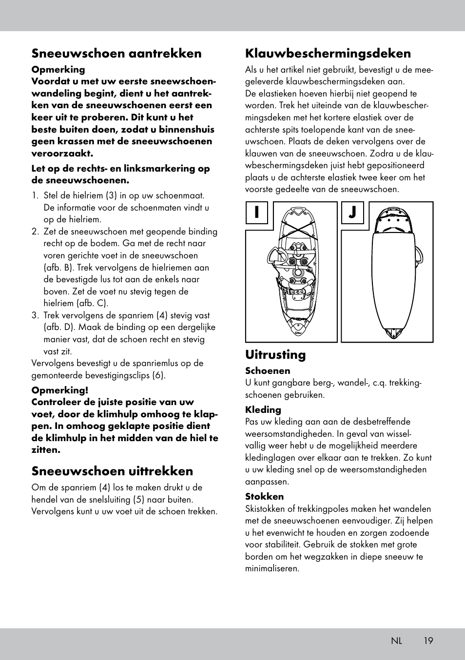 Sneeuwschoen aantrekken, Sneeuwschoen uittrekken, Klauwbeschermingsdeken | Uitrusting | Crivit SN-1531 User Manual | Page 19 / 28