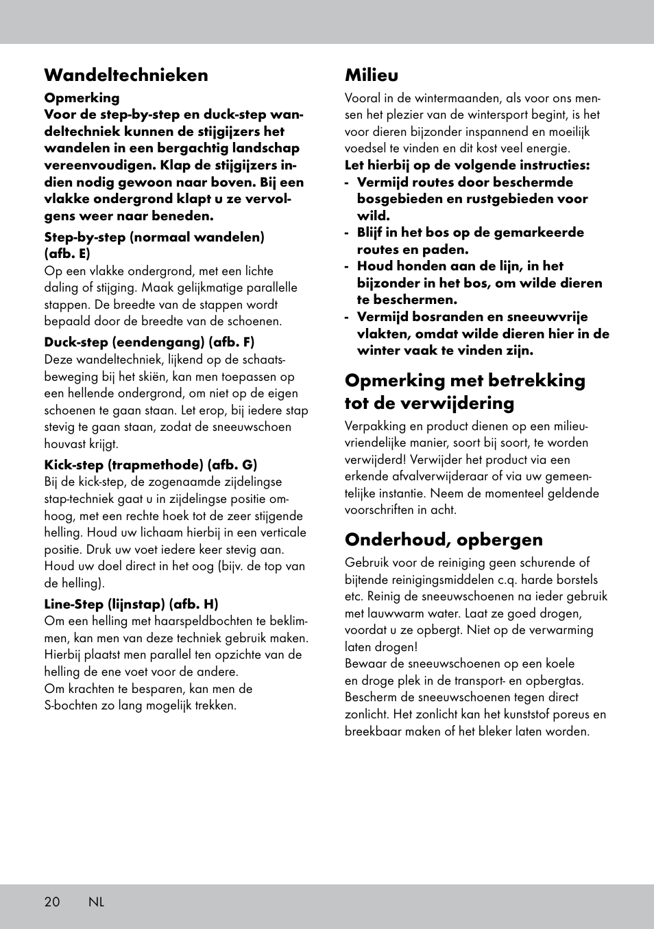 Milieu, Opmerking met betrekking tot de verwijdering, Onderhoud, opbergen | Wandeltechnieken | Crivit SN-1531 User Manual | Page 20 / 28
