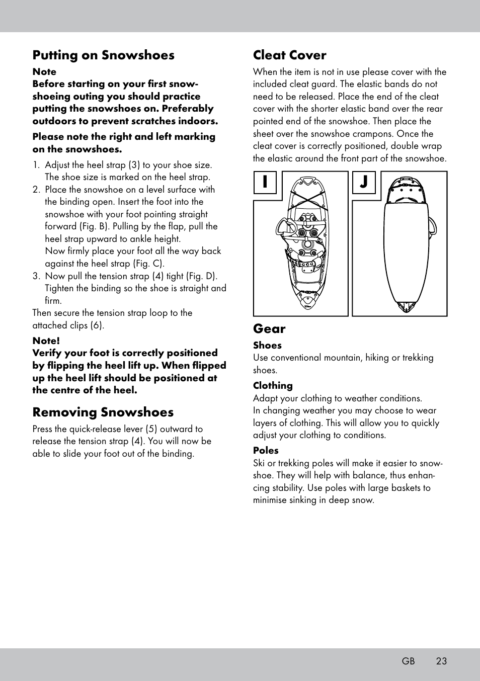 Putting on snowshoes, Removing snowshoes, Cleat cover | Gear | Crivit SN-1531 User Manual | Page 23 / 28