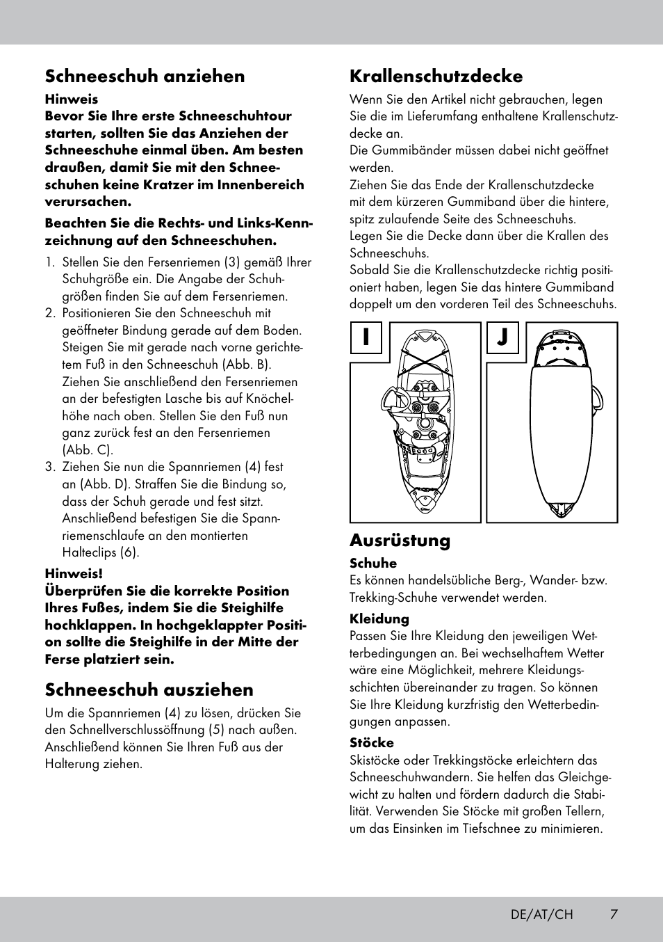 Schneeschuh anziehen, Schneeschuh ausziehen, Krallenschutzdecke | Ausrüstung | Crivit SN-1531 User Manual | Page 7 / 28