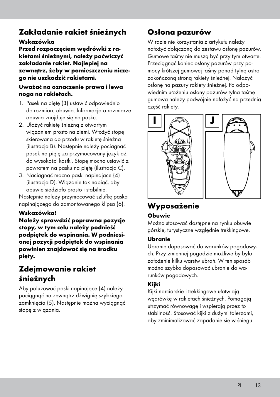 Zakładanie rakiet śnieżnych, Zdejmowanie rakiet śnieżnych, Osłona pazurów | Wyposażenie | Crivit SN-1531 User Manual | Page 13 / 36