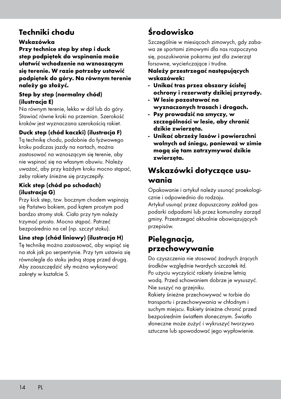 Środowisko, Wskazówki dotyczące usu- wania, Pielęgnacja, przechowywanie | Techniki chodu | Crivit SN-1531 User Manual | Page 14 / 36