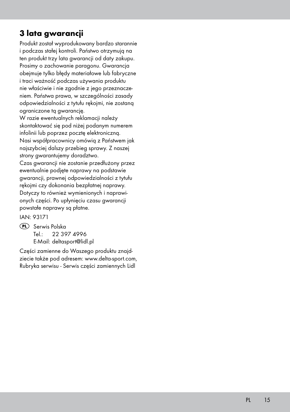 3 lata gwarancji | Crivit SN-1531 User Manual | Page 15 / 36