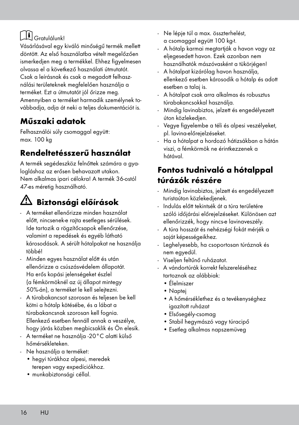 Műszaki adatok, Rendeltetésszerű használat, Biztonsági előírások | Fontos tudnivaló a hótalppal túrázók részére | Crivit SN-1531 User Manual | Page 16 / 36