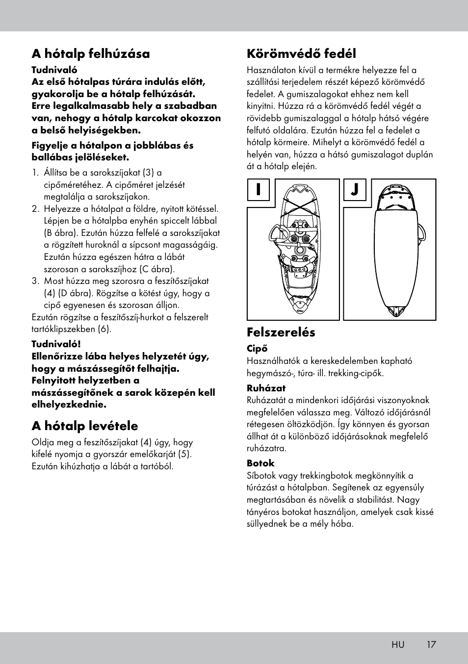 A hótalp felhúzása, A hótalp levétele, Körömvédő fedél | Felszerelés | Crivit SN-1531 User Manual | Page 17 / 36