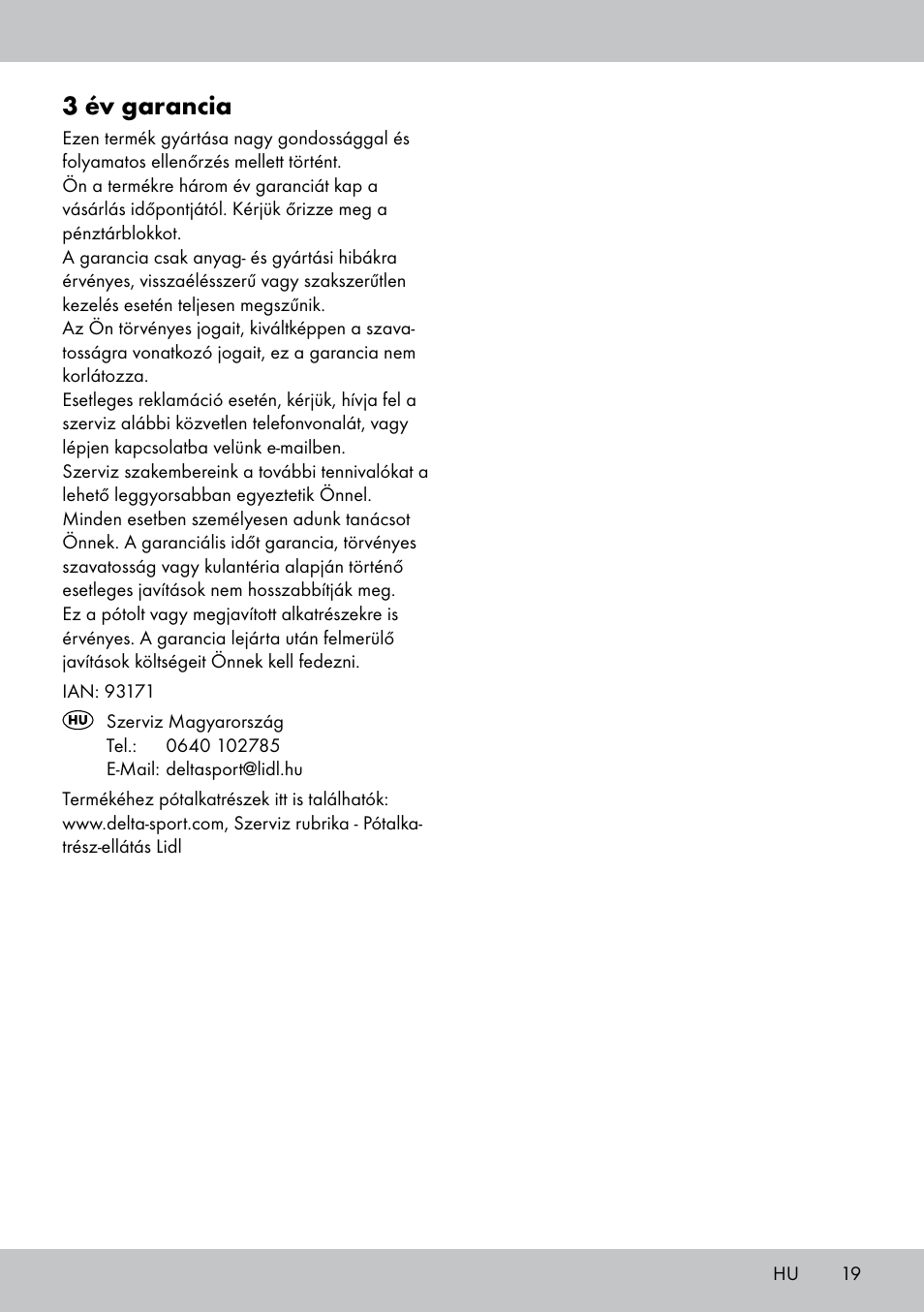 3 év garancia | Crivit SN-1531 User Manual | Page 19 / 36