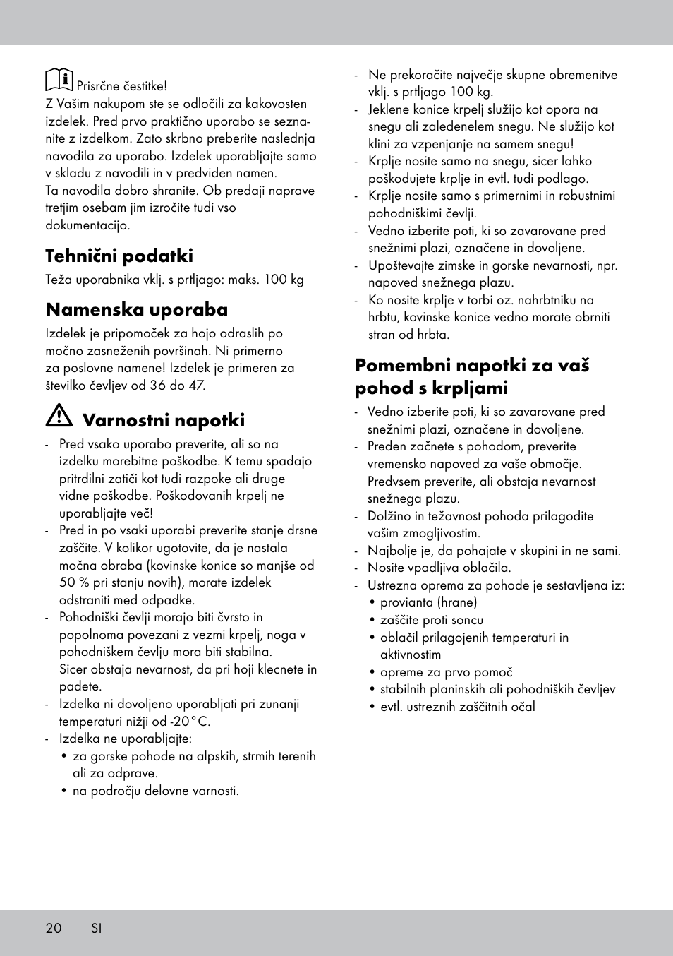Tehnični podatki, Namenska uporaba, Varnostni napotki | Pomembni napotki za vaš pohod s krpljami | Crivit SN-1531 User Manual | Page 20 / 36