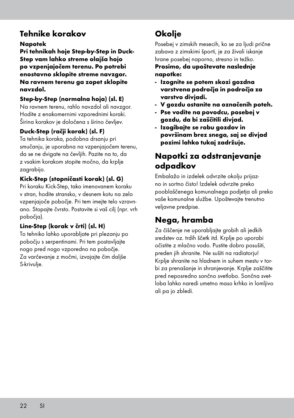Okolje, Napotki za odstranjevanje odpadkov, Nega, hramba | Tehnike korakov | Crivit SN-1531 User Manual | Page 22 / 36