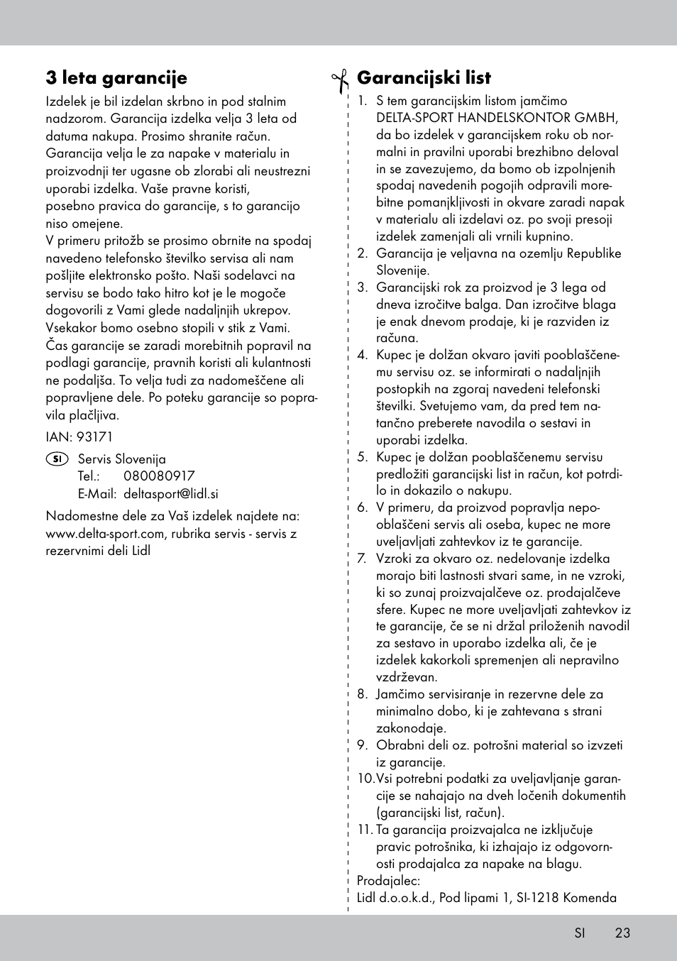 3 leta garancije, Garancijski list | Crivit SN-1531 User Manual | Page 23 / 36