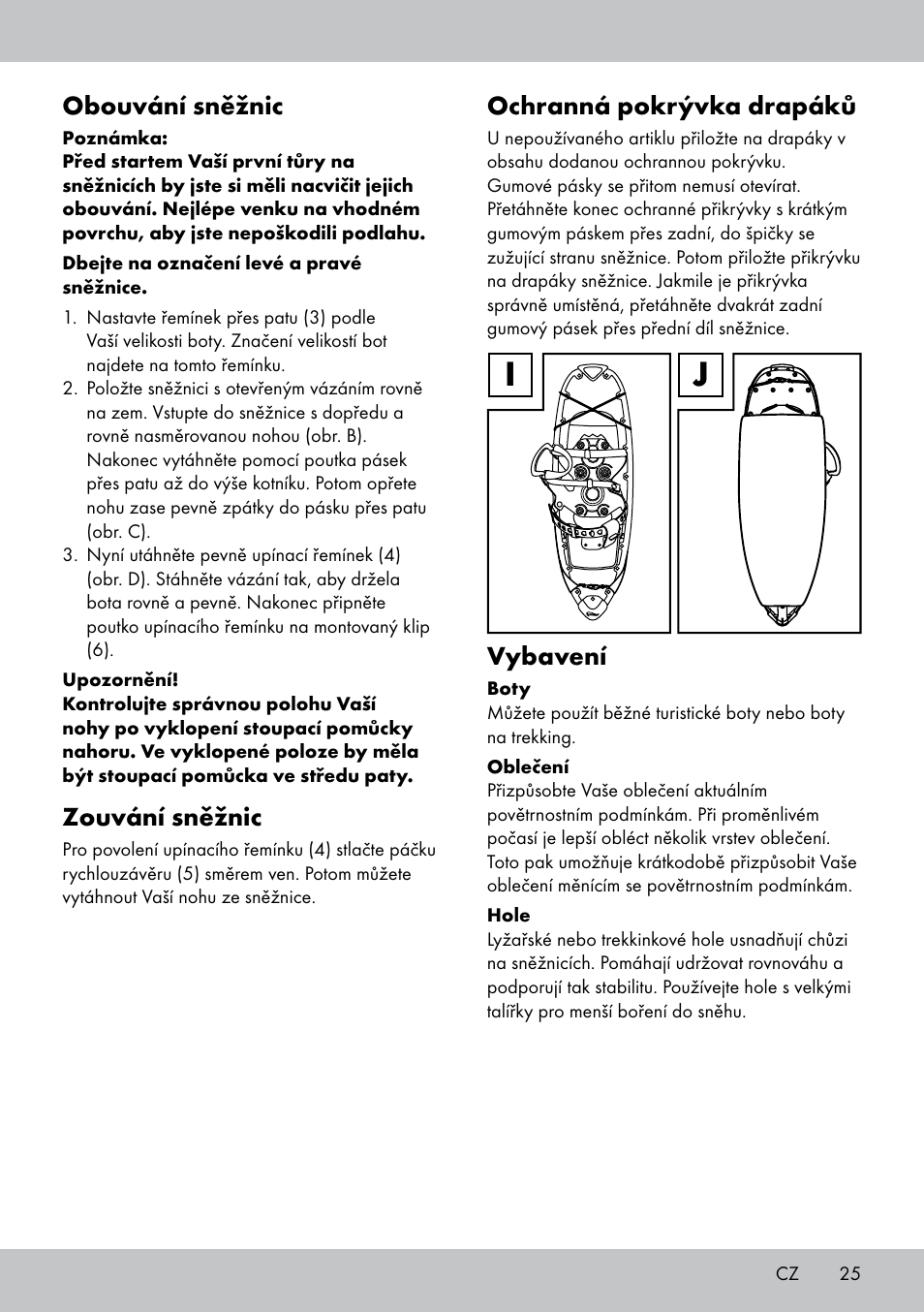 Obouvání sněžnic, Zouvání sněžnic, Ochranná pokrývka drapáků | Vybavení | Crivit SN-1531 User Manual | Page 25 / 36
