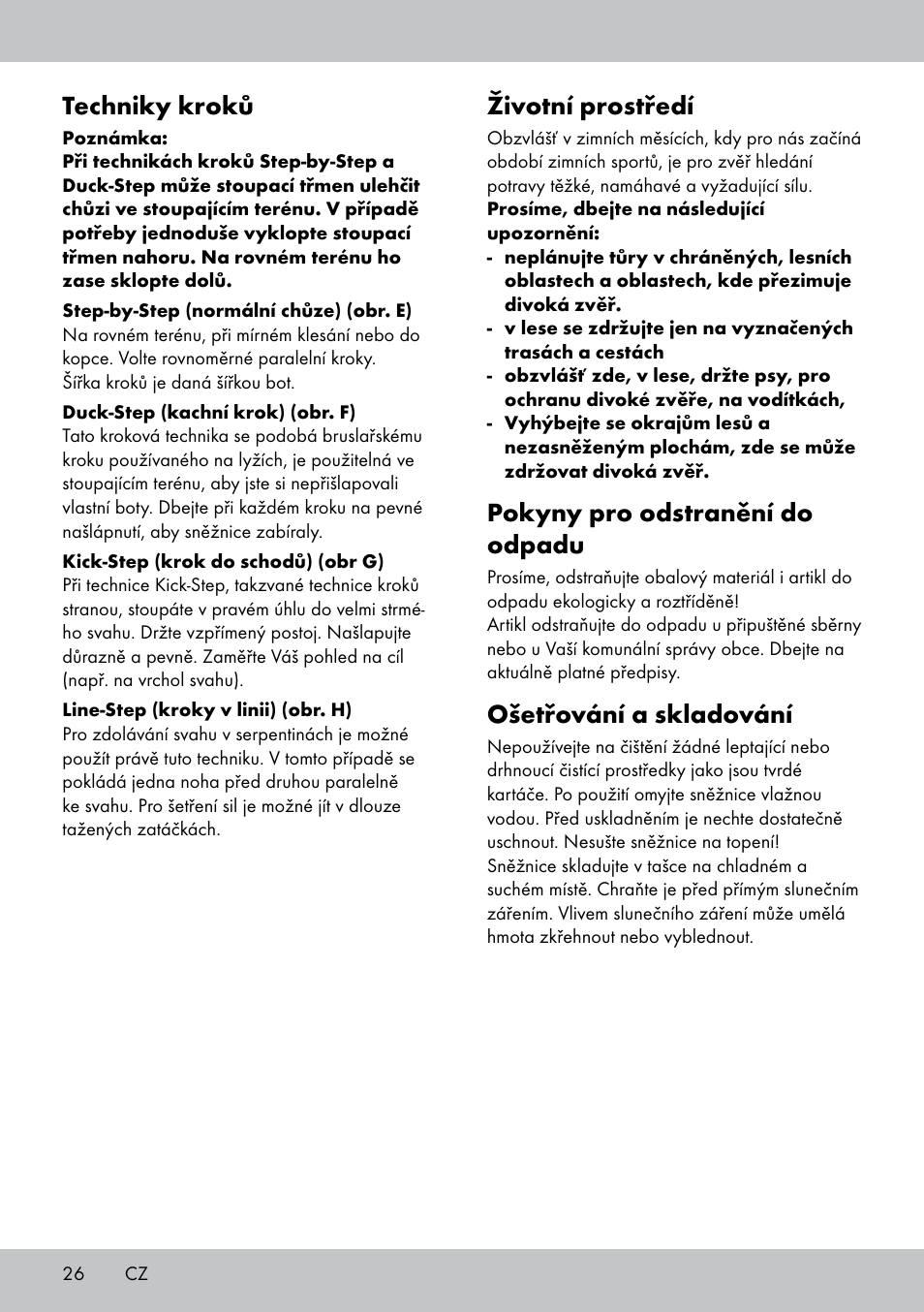 Životní prostředí, Pokyny pro odstranění do odpadu, Ošetřování a skladování | Techniky kroků | Crivit SN-1531 User Manual | Page 26 / 36