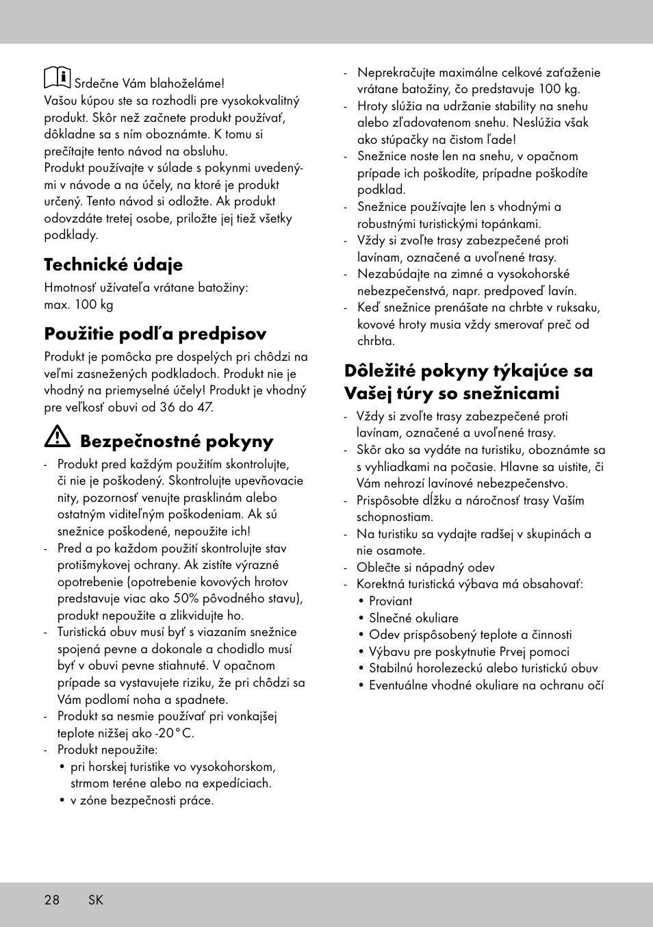 Technické údaje, Použitie podľa predpisov, Bezpečnostné pokyny | Crivit SN-1531 User Manual | Page 28 / 36