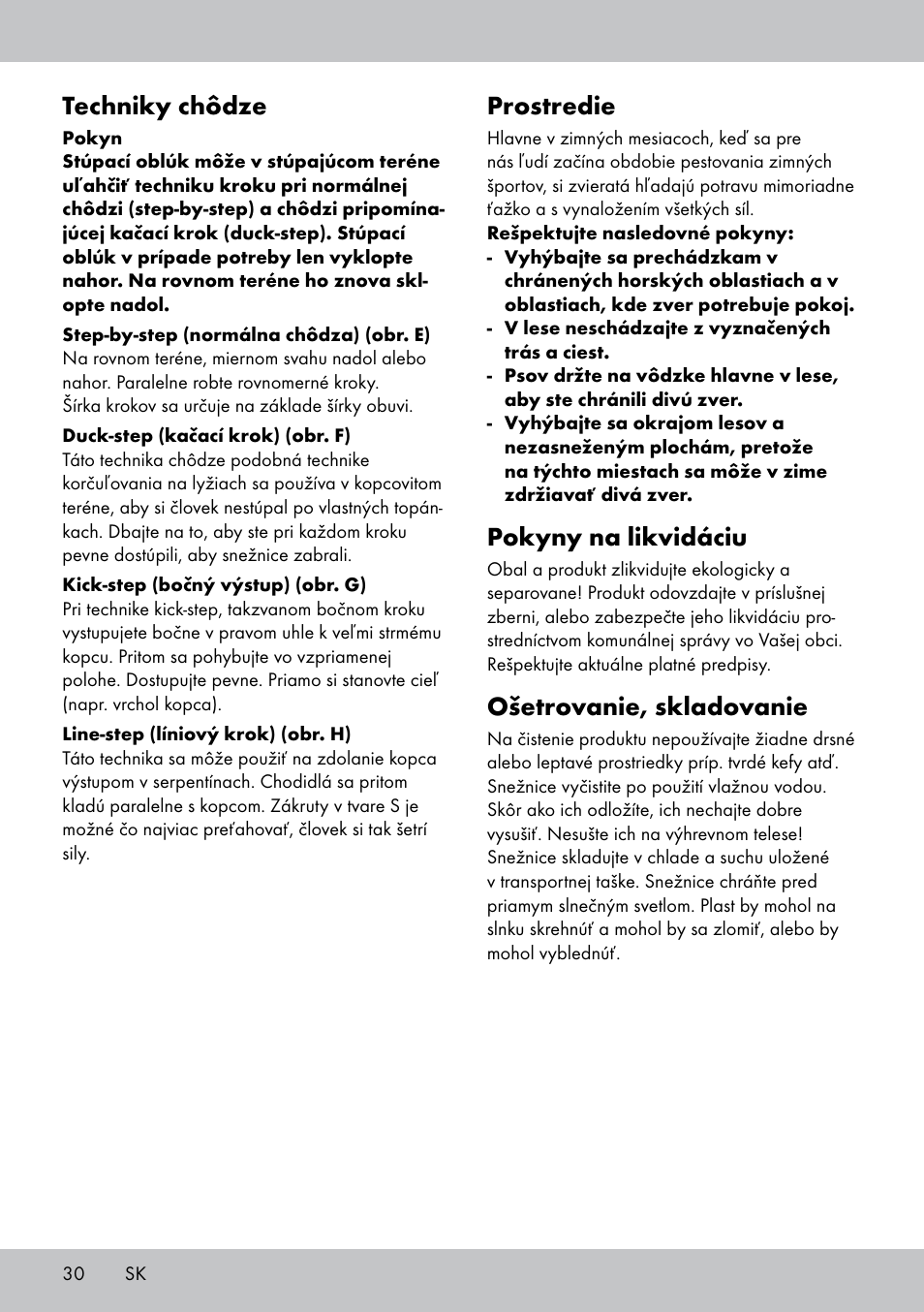 Prostredie, Pokyny na likvidáciu, Ošetrovanie, skladovanie | Techniky chôdze | Crivit SN-1531 User Manual | Page 30 / 36