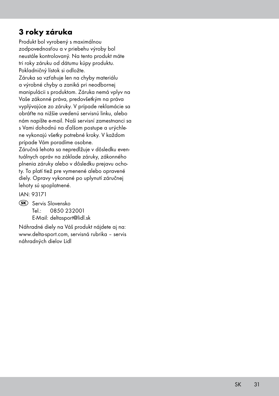 3 roky záruka | Crivit SN-1531 User Manual | Page 31 / 36