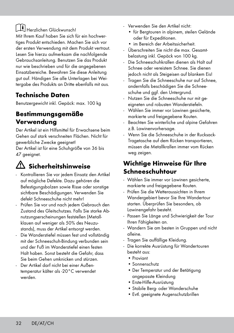 Technische daten, Bestimmungsgemäße verwendung, Sicherheitshinweise | Wichtige hinweise für ihre schneeschuhtour | Crivit SN-1531 User Manual | Page 32 / 36