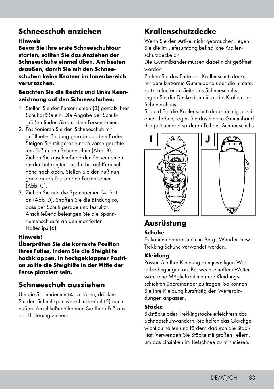 Schneeschuh anziehen, Schneeschuh ausziehen, Krallenschutzdecke | Ausrüstung | Crivit SN-1531 User Manual | Page 33 / 36